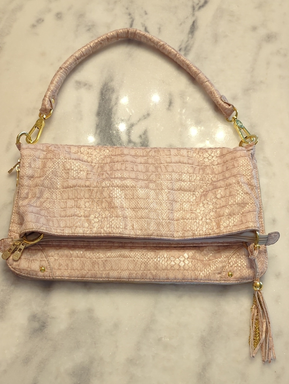 Joy Mangano Drop Bag In Champagne Shimmer Crock